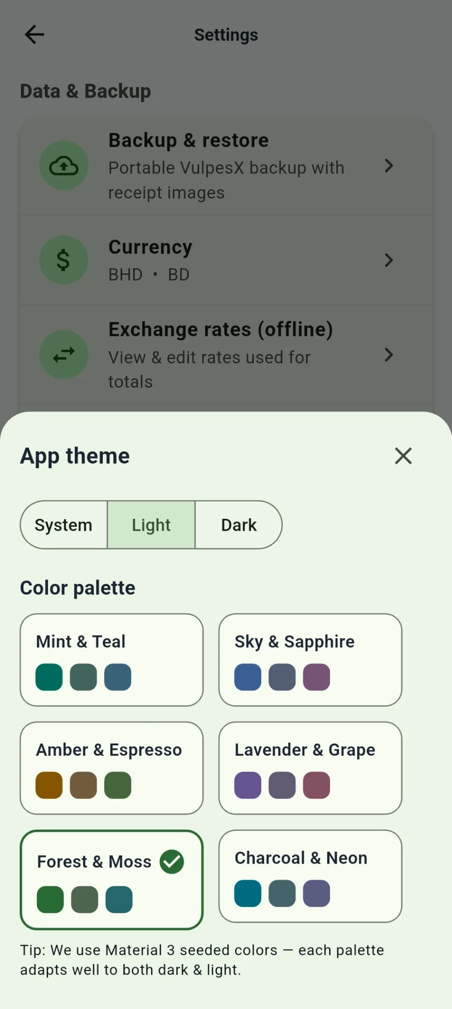 VulpesX app theme selector with light, dark and multiple color palettes