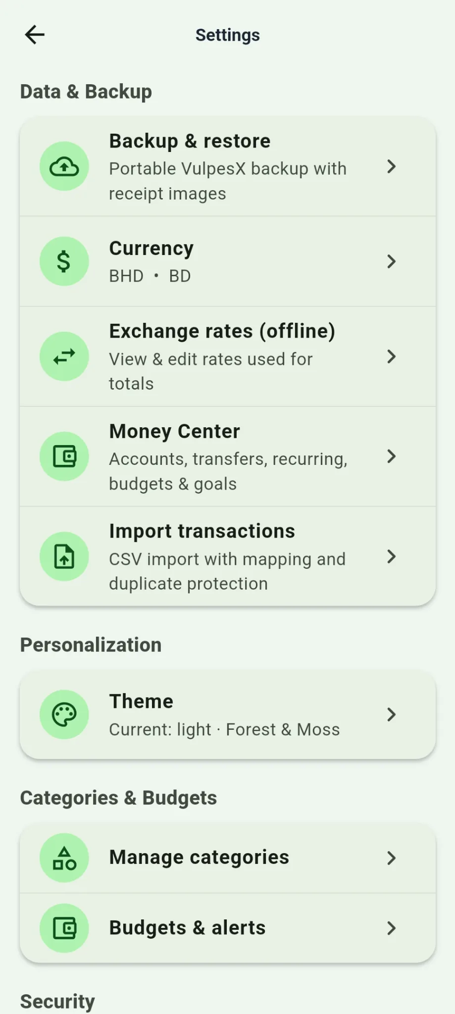Settings for portable backup, currency, offline exchange rates, Money Center and CSV import