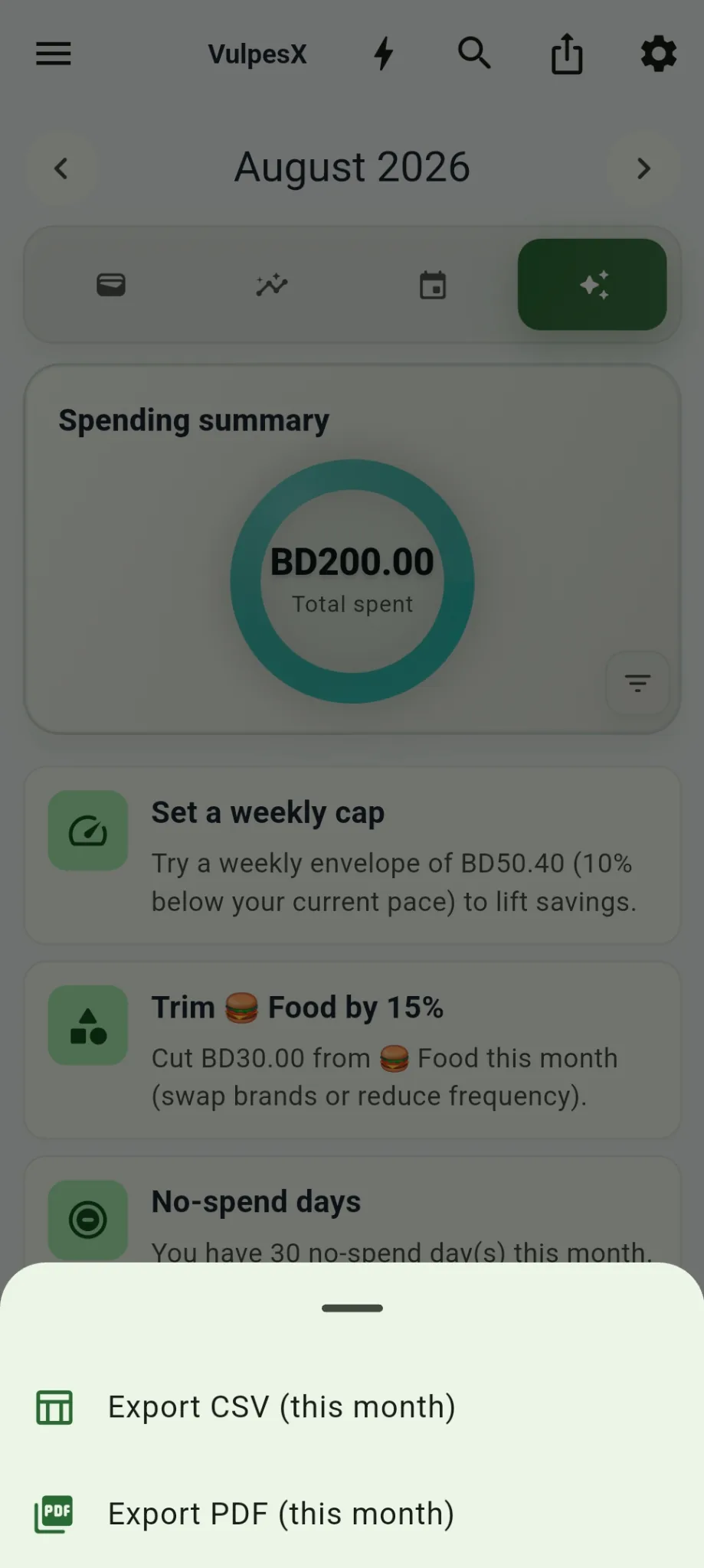 Export menu for monthly CSV and PDF reports