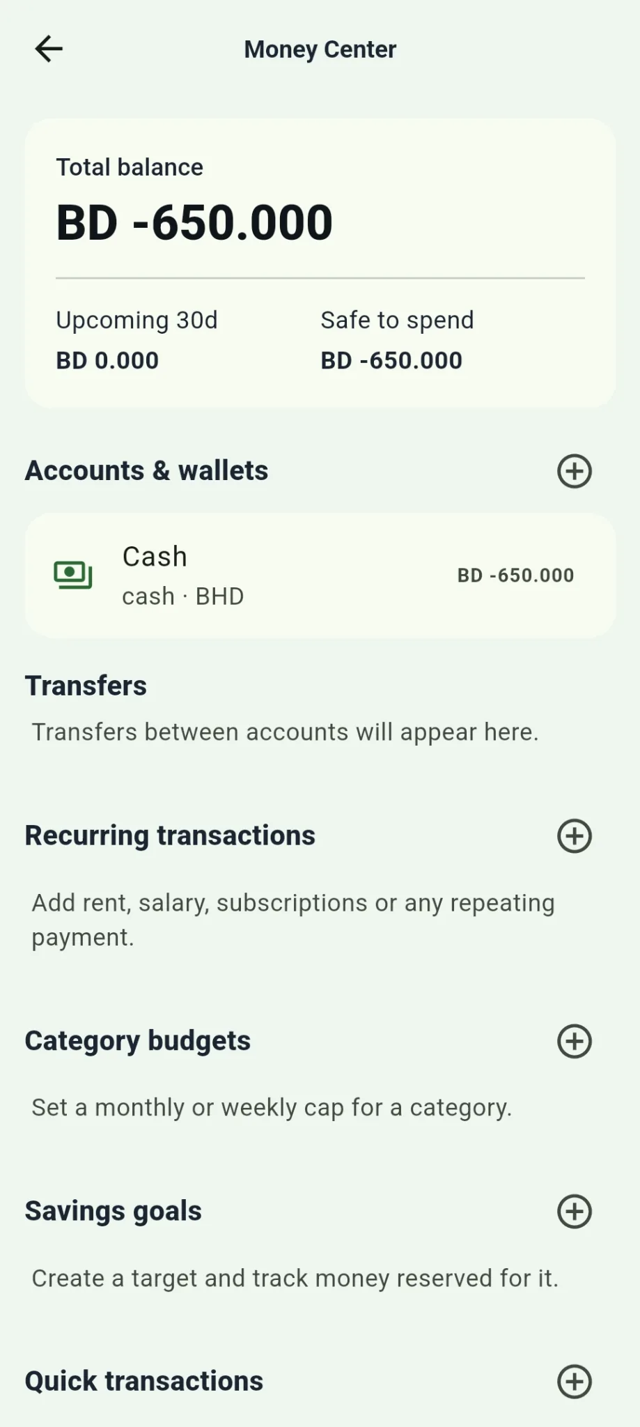 Money Center showing total balance, Safe-to-Spend, accounts, recurring transactions, budgets and savings goals