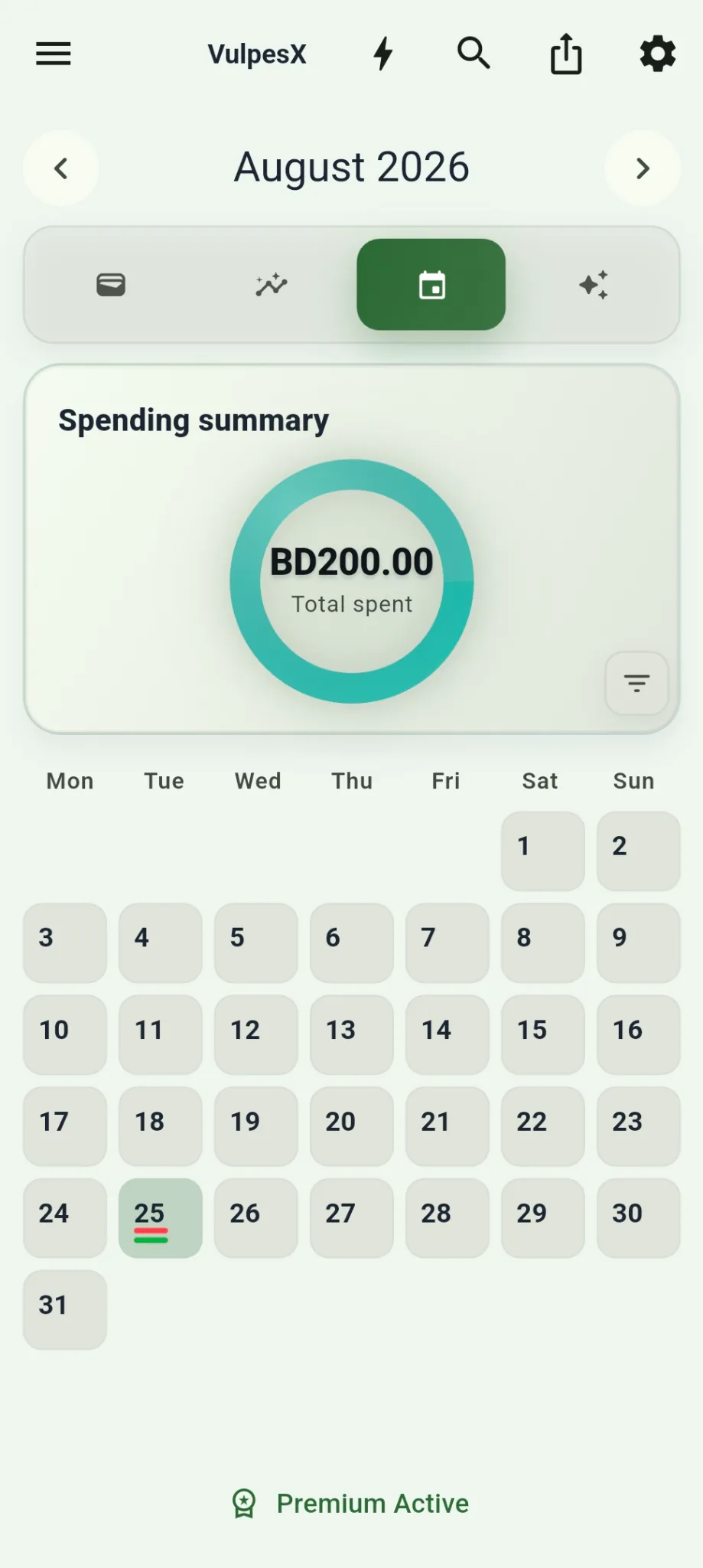 Monthly spending calendar view