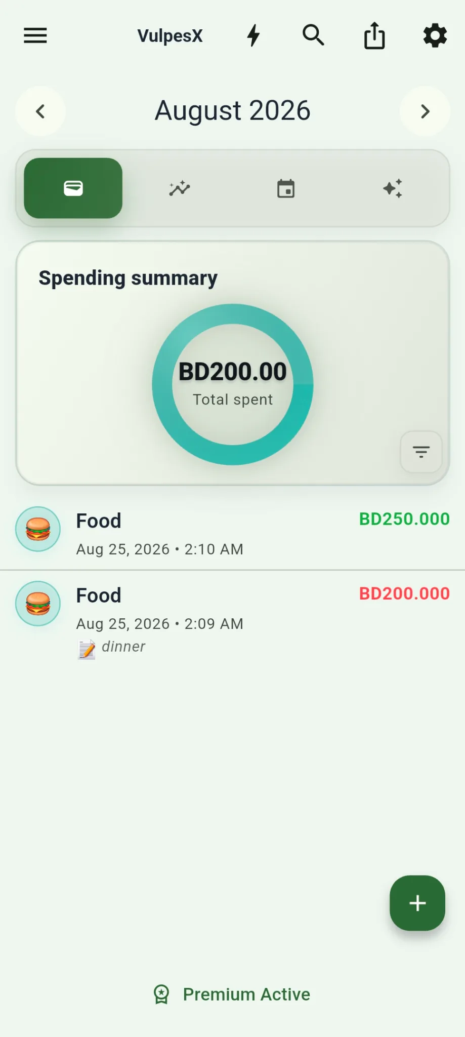 VulpesX transaction list and spending summary